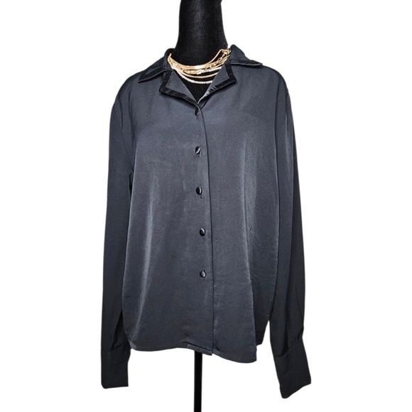 joanna Tops - Vintage 90s JOANNA Black Satin Finish Button Down Blouse | Oversized Shirt